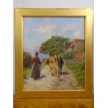 J. Charles a framed and glazed oil on panel of a lady walking with cows by a barn, signed bottom