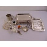 A quantity of silver plate to include an asparagus dish and tongs, a toast rack and a continental