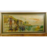 Alex Prowse framed oil on canvas of houses and a boat by a dockside, signed bottom right, 50.5 x