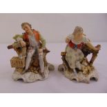 Two Nymphenberg figurines, man with a bird cage and lady with chickens, marks to the bases