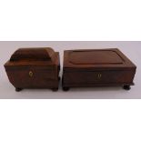 A mahogany tea caddy with domed cover and brass lion handles on bun feet and a rectangular