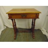 A Victorian oak rectangular side table, single drawer with brass handle on four turned supports