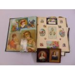 A Victorian scrap album and two hand painted miniatures
