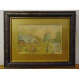 M. Gardiner framed and glazed watercolour of an English garden and cottage beside a river, signed