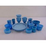 A Victorian quantity of Azurite and pale blue glass vases, dishes and plates, some by Edward