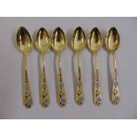 Six Russian white and yellow metal and cloisonne‚ spoons
