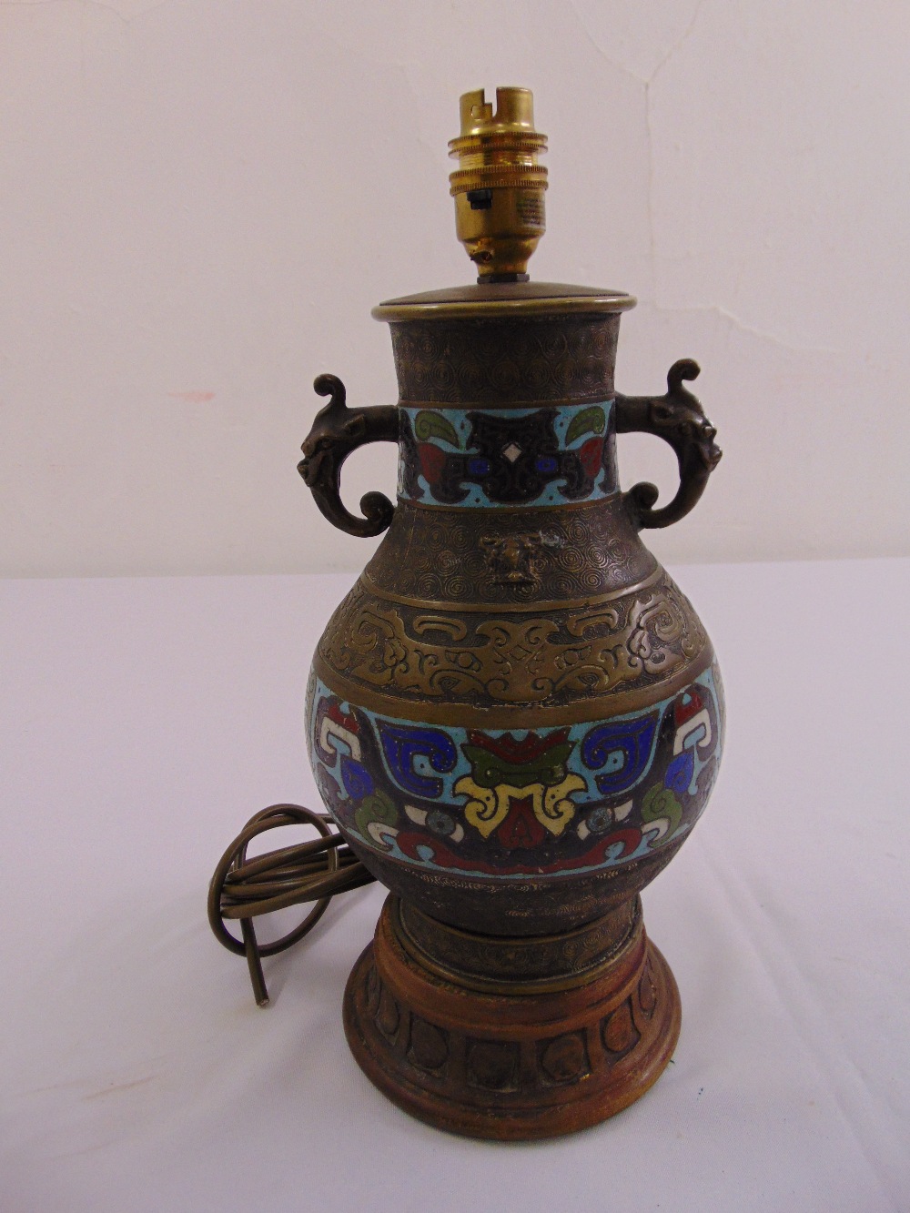 A 20th century baluster form Cloisonn‚ vase with two scroll side handles converted to a table lamp