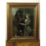 A Victorian framed and glazed etching of a lady with a horse and a dog, 43 x 33cm