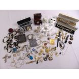 A quantity of costume jewellery to include, brooches, bracelets, necklaces, earrings and watches