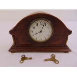 An Edwardian mahogany inlaid mantle clock with white enamel dial and Arabic numerals, to include