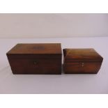 A rectangular Georgian mahogany tea caddie and a smaller one both with hinged covers, A/F