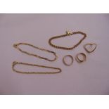 A quantity of 9ct gold jewellery to include three bracelets and three rings, approx total weight
