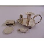 A quantity of silver to include a match slide, a bonbon dish, a pill box and a silver plated chamber