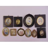 Ten framed miniatures of ladies and gentlemen in oval and square frames