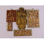 Five far eastern rectangular carved panels depicting figures, flora and fauna