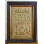 A Victorian framed and glazed sampler for Hannah Elliot 1848 depicting stylised birds, trees,