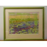 Christine Kubrick framed and glazed artist proof of pond with water lilies signed bottom right, 38 x