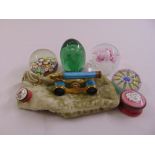 A quantity of collectables to include four paperweights, a pair of enamel opera glasses and two