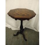 A Victorian mahogany octagonal games table the top inlaid with a chequer board, on a baluster stem