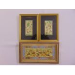 Three far eastern rectangular framed bone panels, decorated with hunting scenes