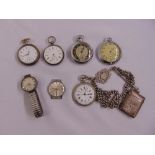 Five pocket watches to include two silver, two wristwatches, a silver chain and vesta case
