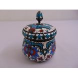 A Russian white metal and cloisonne‚ sugar bowl and cover decorated with stylised flowers and leaves