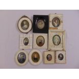 Ten framed miniatures of ladies and gentlemen in frames of various shape and sizes