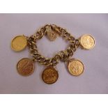 A 9ct gold bracelet with a 9ct gold pendant and four Sovereigns, approx total weight 97.0g