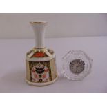 Royal Crown Derby Imari style table bell and a Waterford desk clock set in octagonal glass frame