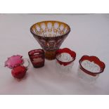 A quantity of glass to include a Bohemian vase, a pair of vases, a cranberry glass jug and a