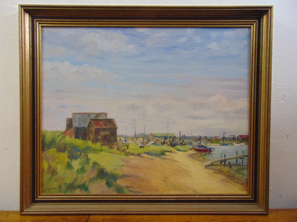 Mary Dixon framed oil on panel of Walberswick Ferry, signed bottom left, 44.5 x 51cm