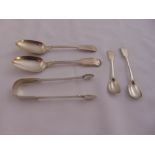 A quantity of George IV and Victorian silver to include sugar tongs, table spoons and two honey