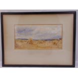 Alexander framed and glazed watercolour of haystacks, signed and dated bottom right, 15 x 29cm