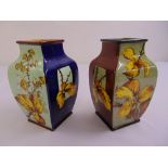 A pair of Doulton Lambeth Faience square sectioned vases decorated by Florence Lewis circa 1880,