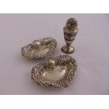 Two silver bonbon dishes and a pepperette, approx total weight 94g (3)