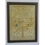 A framed and glazed sampler for Elizabeth May circa 1850 to include images of flowers, figures and