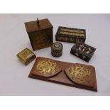 A quantity of collectables to include porcupine quill caskets, a rectangular hand hammered copper