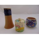 Clarice Cliff Bizarre honey pot A/F, Doulton vase with silver rim and a Poole Pottery dish