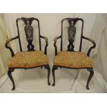 A pair of Victorian mahogany armchairs in 18th century style, pierced splats on cabriole legs