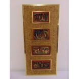 Four oriental rectangular wooden panels, the gilded figurines within architectural settings all on