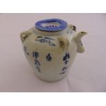 Chinese blue and white teapot decorated with exterior scenes and Chinese characters, 14cm (h)