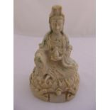 Chinese white jade carved figurine of Guanyin on customary lotus throne, 27cm(h)
