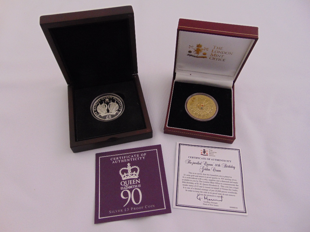QEII silver £5 proof coin in fitted packaging with COA and Queens 80th Golden Anniversary Crown in