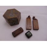 A quantity of collectables to include a treen puzzle matchbox, two Chinese seals with dog of foe
