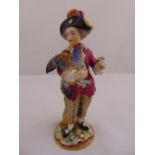 Sitzendorf figurine of a boy in 18th century attire holding a turkey, marks to the naturalistic