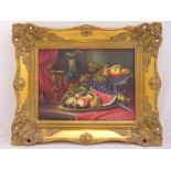 A framed oil on canvas still life of fruit, indistinctly signed bottom right, 31 x 41cm