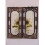 A pair of Chinese Republic Period famile verte porcelain panels in hardwood rectangular pierced