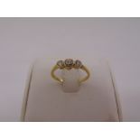 18ct yellow gold three stone diamond ring, approx total weight 1.9g