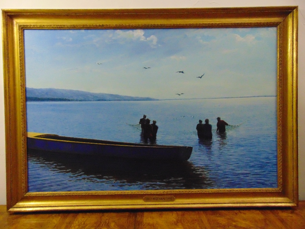 Royan (Jamaican) framed oil on canvas of fishermen pulling in the nets, signed bottom right, 76 x