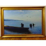 Royan (Jamaican) framed oil on canvas of fishermen pulling in the nets, signed bottom right, 76 x